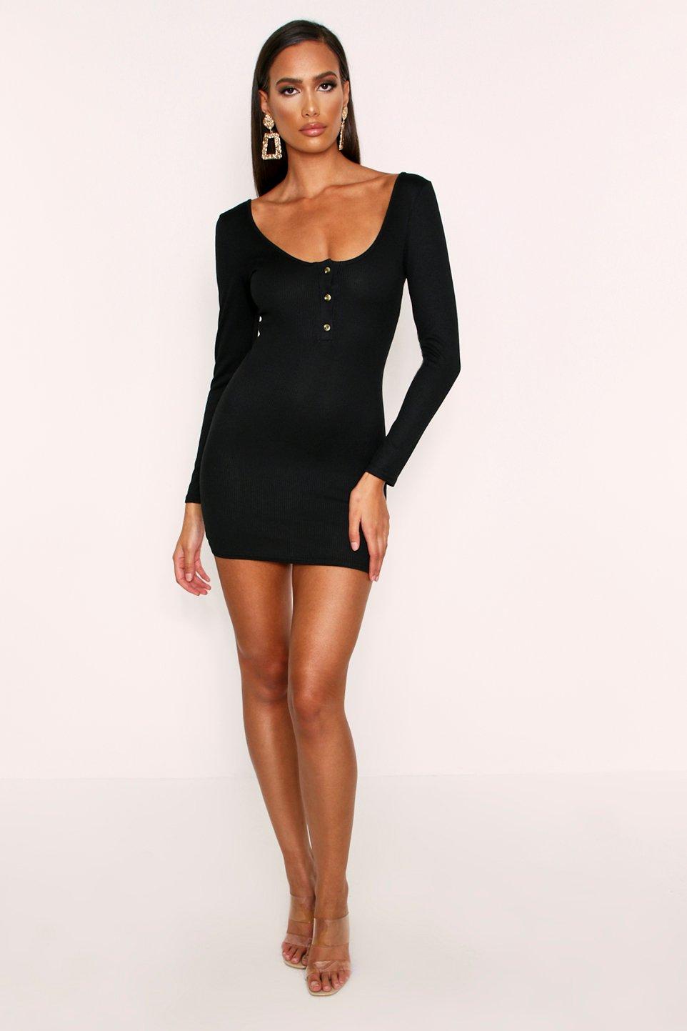 Button Front Ribbed Long Sleeve Mini ...